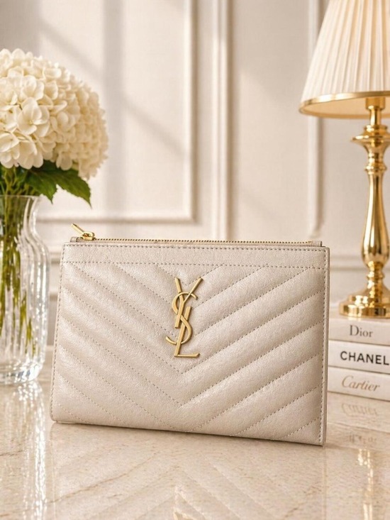 Saint Laurent Handbags - Authentic Saint Laurent YSL Beige Quilted Leather Zip Pouch Clutch Wallet